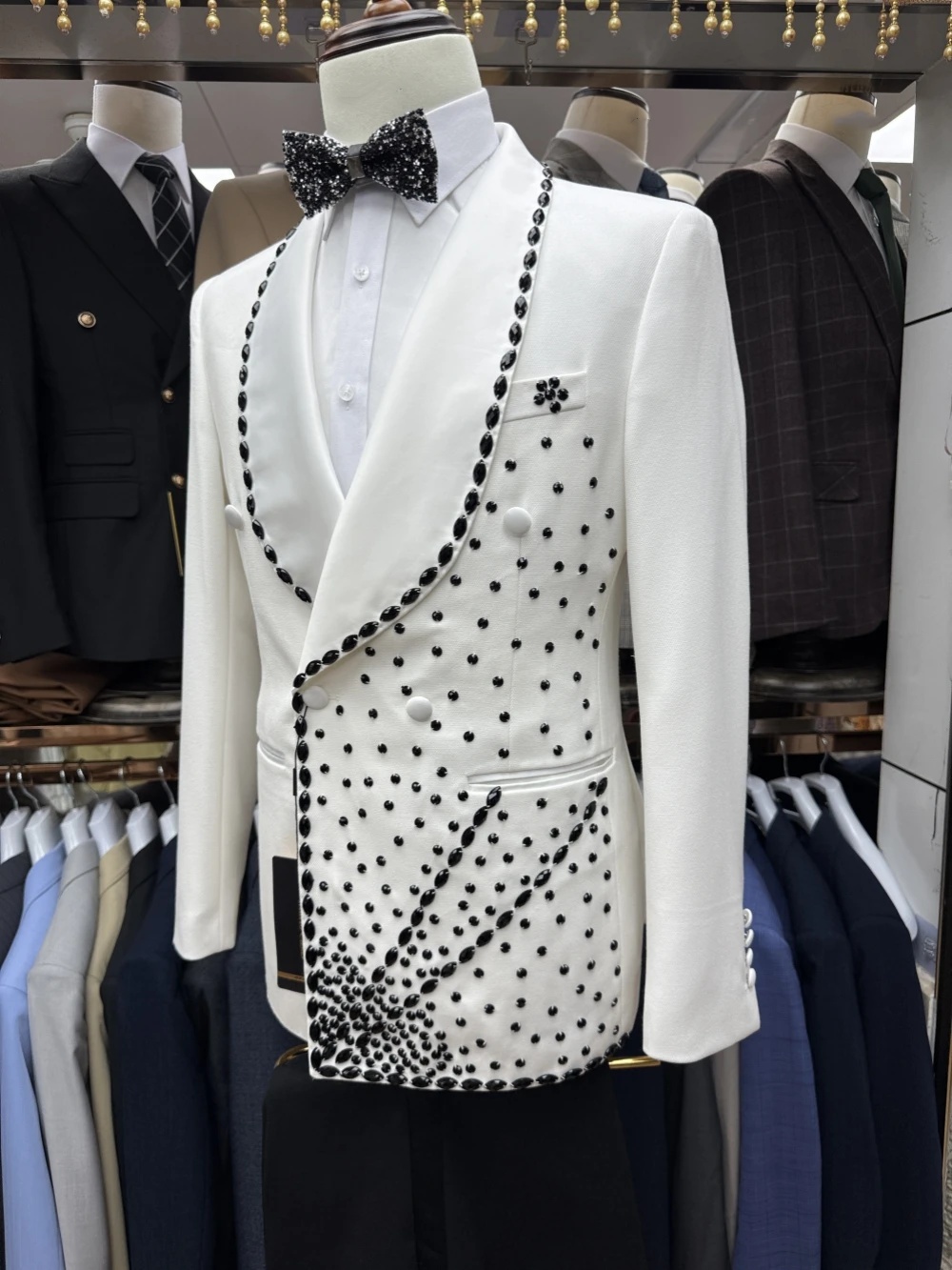 Men Formal Wear Black And White - White Groom Men Suit Set 2