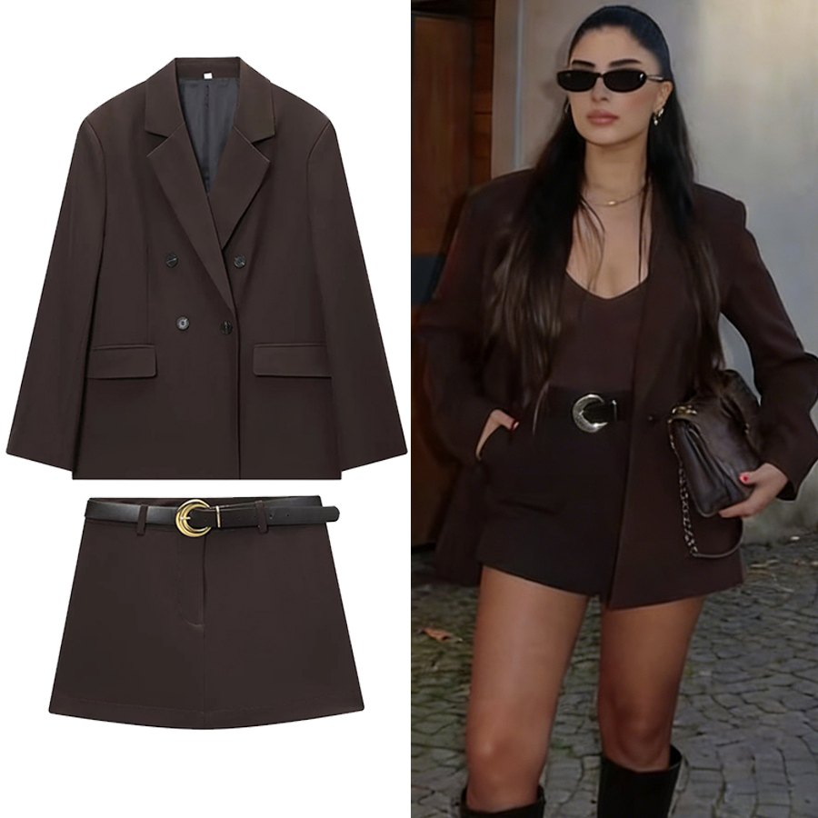 Double Breasted Blazer - ZOCI Women Office Chocolate Brown Suit
