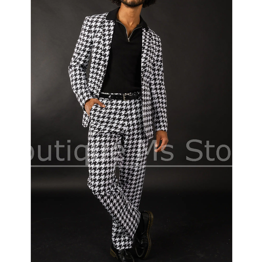 Men Formal Wear Black And White - Black White Houndstooth Men's Suit Slim